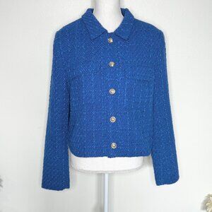 Rachel Zoe Tweed Crop Blazer Jacket Blue Women's Size L Preppy Office Minimal